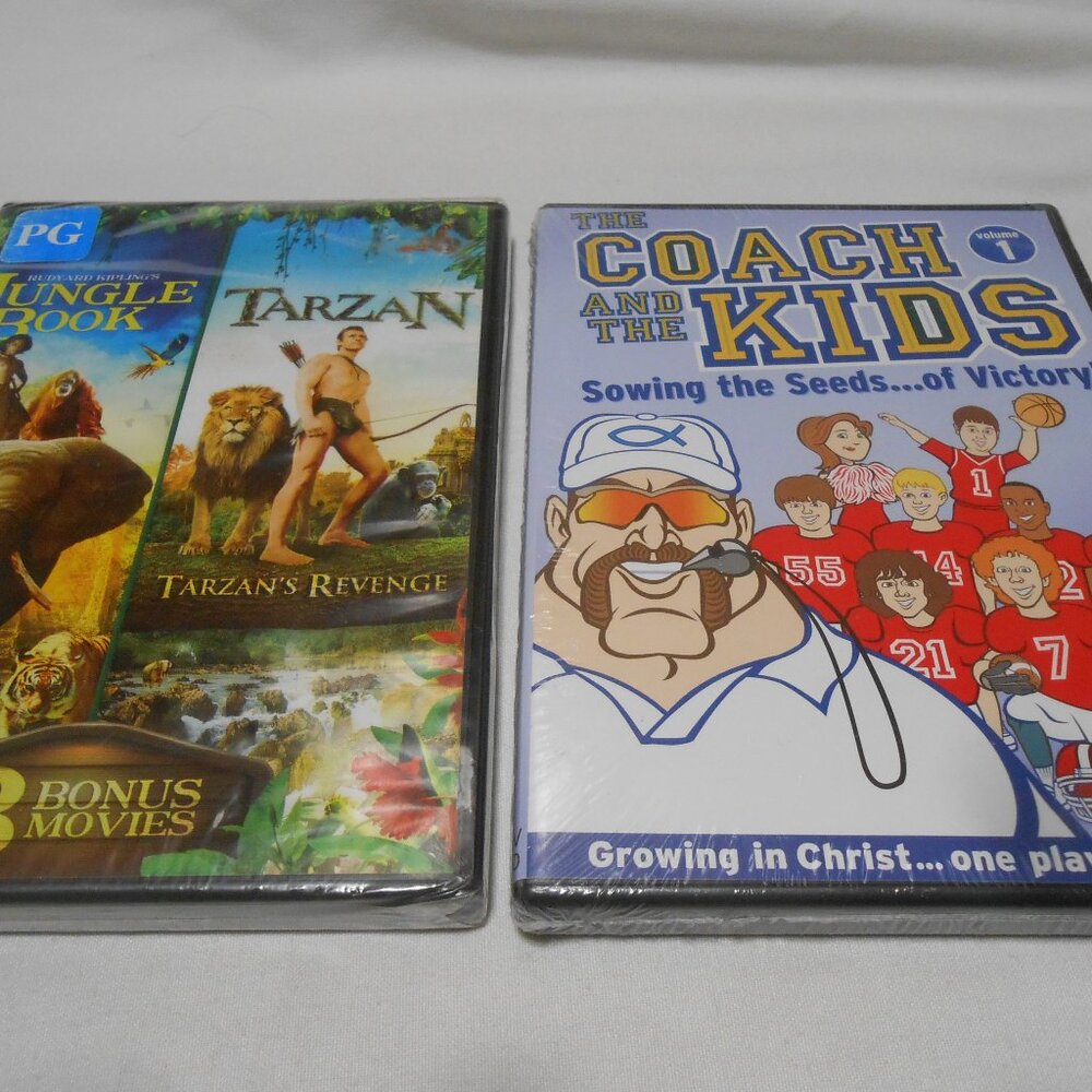 2 NEW SEALED DVDs COACH AND THE KIDS GROWING IN CHRIST & JUNGLE BOOK TARZAN PG